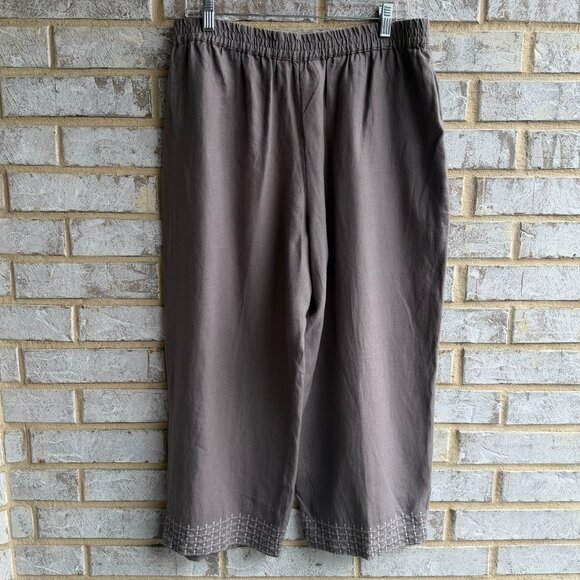 Coldwater Creek 100% Linen Embroidered Floral Elastic Waist Boho Pants Size M - Picture 2 of 8